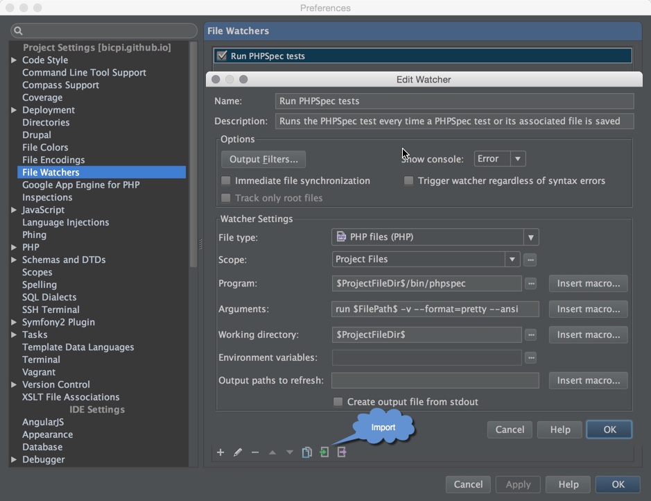 PhpStorm File Watcher for phpspec