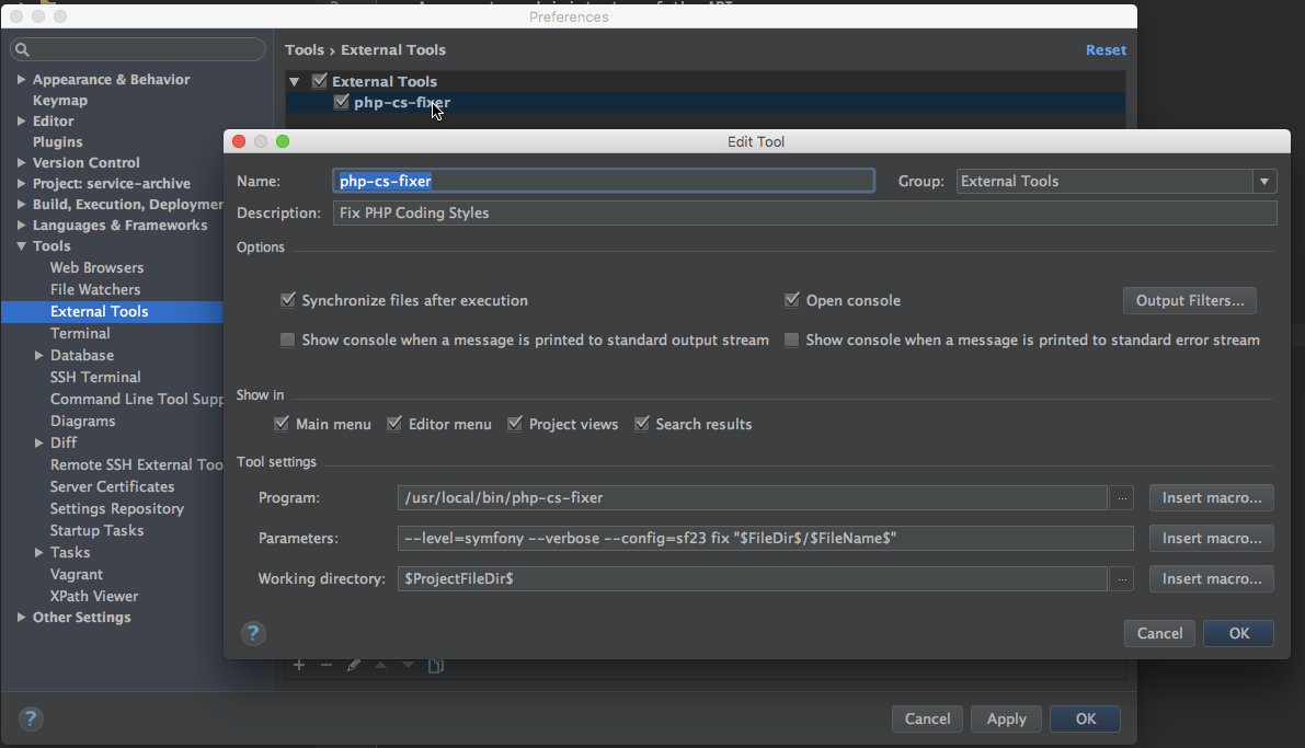 Setting up PHP CS Fixer as an external tool in PhpStorm